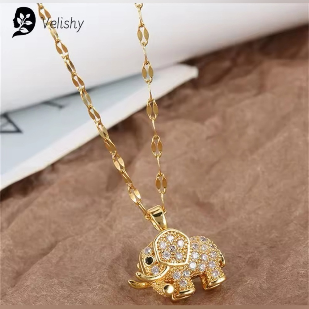 18K Gold 3D Elephant Bohemian Pave Diamond Inlay Pendant Necklace - Picture 9 of 11